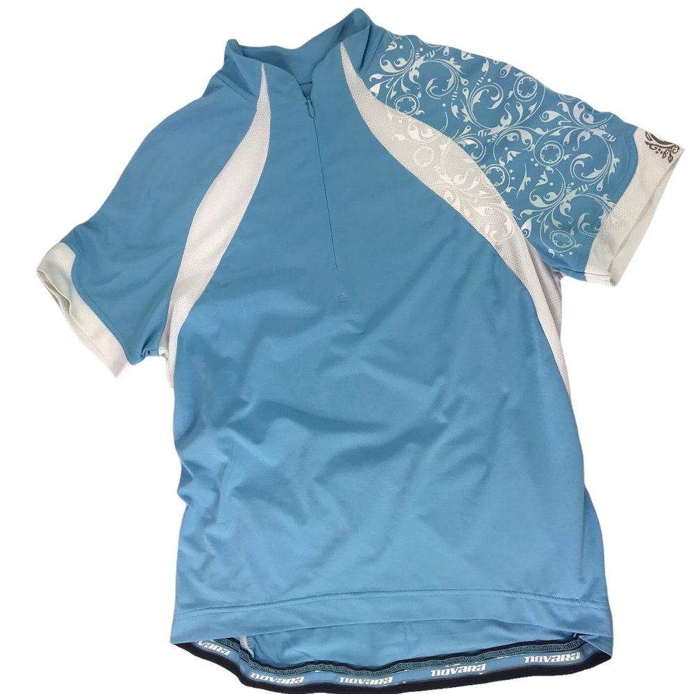NOVARA Women's M Cycling Jersey.  Blue White.  Half Zip.  Short Sleeve, Pockets